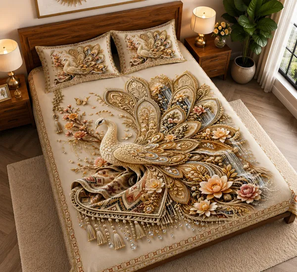 7D_Premium_Prosperity_Golden_Peacock_Queen_size_Cotton_Bedsheet_with_2_Pillow_covers_