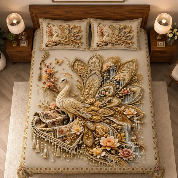 7D_Premium_Prosperity_Golden_Peacock_Queen_size_Cotton_Bedsheet_with_2_Pillow_covers_