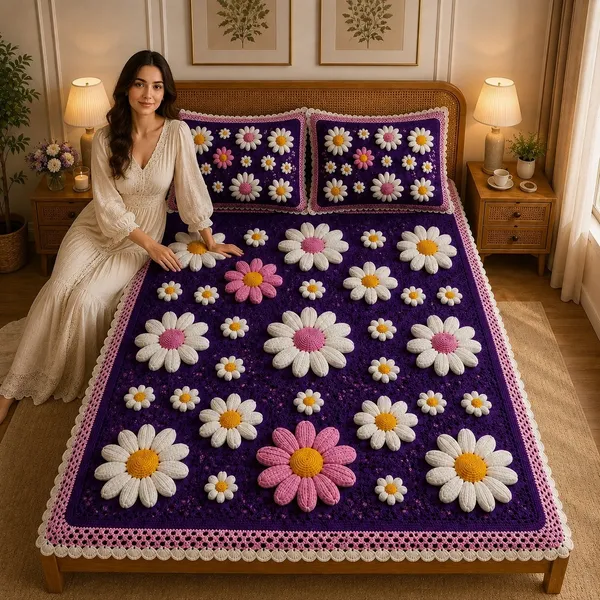 7D_Premium_Purple_Floral_Embroidery_Look_printed_Cotton_Queen_size_Bedsheet_with_2_Pillow_cover_