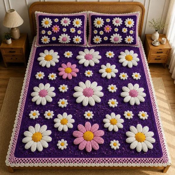 7D_Premium_Purple_Floral_Embroidery_Look_printed_Cotton_Queen_size_Bedsheet_with_2_Pillow_cover_