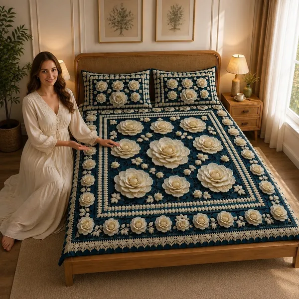 7D_Premium_Sky_Blue_Roses_printed_Cotton_Queen_size_Bedsheet_with_2_Pillow_covers_