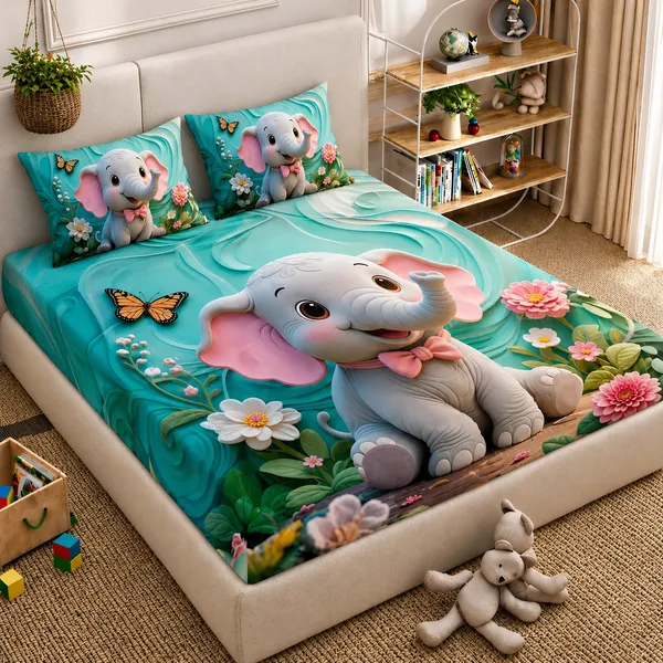 7D_Digital_Cute_little_Elephant_Queen_size_Bedsheet_(Buy_1_Get_1)