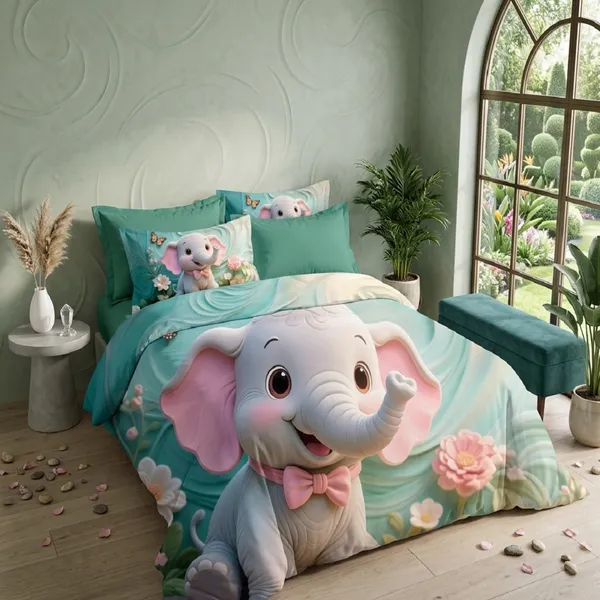 7D_Digital_Cute_little_Elephant_Queen_size_Bedsheet_(Buy_1_Get_1)