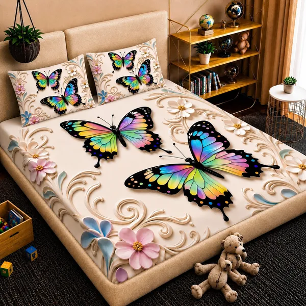 7D_Digital_Magical_Rainbow_Butterfly__Queen_size_Bedsheet_(Buy_1_Get_1)