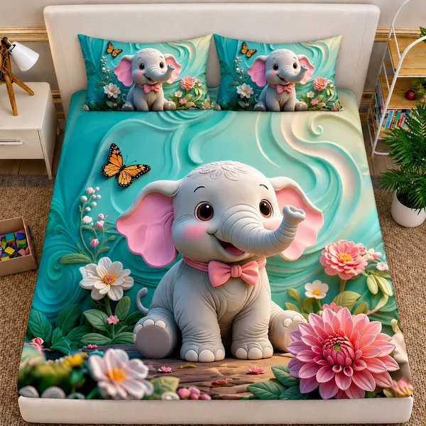 7D_Digital_Cute_little_Elephant_Queen_size_Bedsheet_(Buy_1_Get_1)