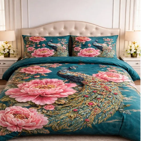 7D_Digital_Beautiful_Peacock_Queen_size_Bedsheet_(Buy_1_Get_1)