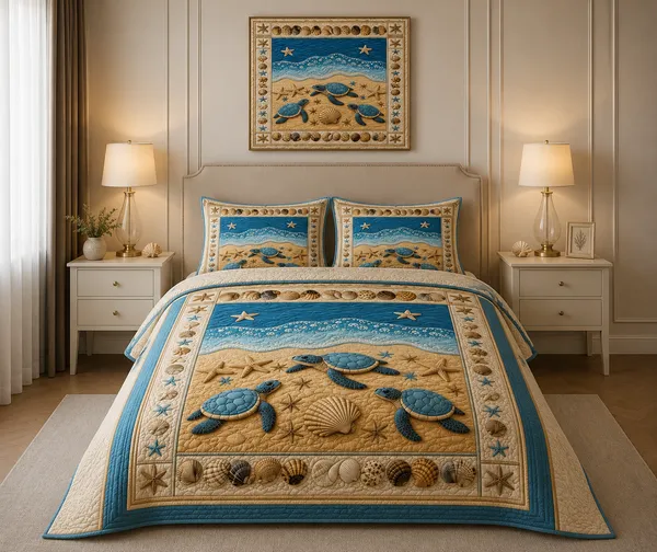 7D_Digital_Beach_&_Turtles_Queen_size_Bedsheet_(Buy_1_Get_1)