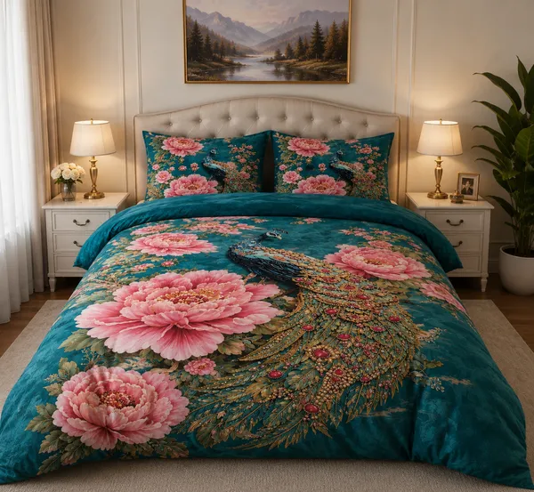 7D_Digital_Beautiful_Peacock_Queen_size_Bedsheet_(Buy_1_Get_1)