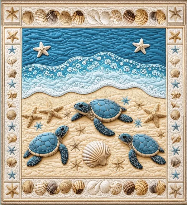 7D_Digital_Beach_&_Turtles_Queen_size_Bedsheet_(Buy_1_Get_1)