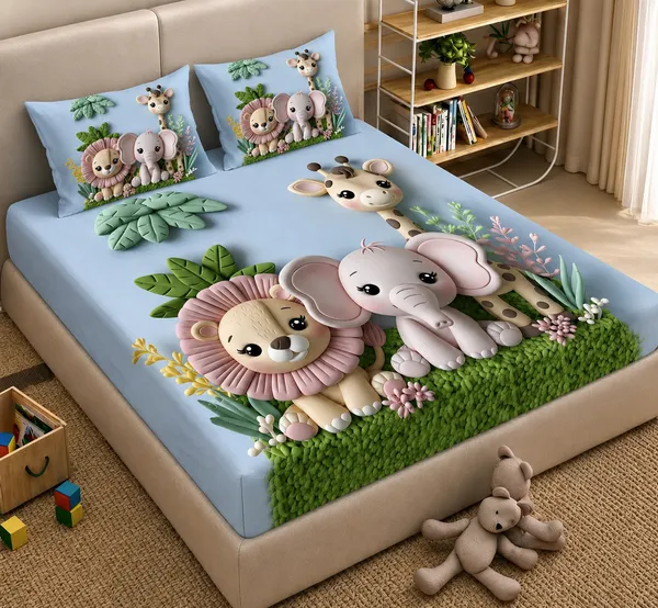 7D_Digital_Cute_Jungle_Safari_Queen_size_Bedsheet_(Buy_1_Get_1)
