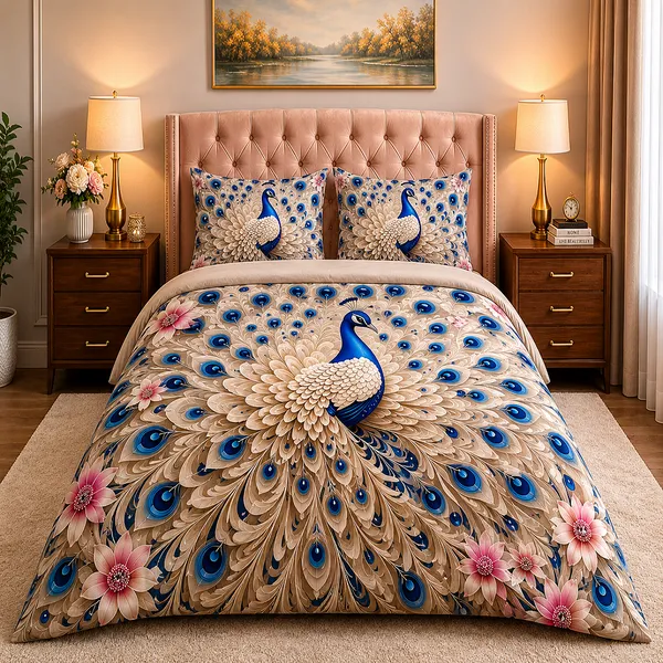 7D_Digital_Dreamy_Peacock_Dancing_Queen_size_Bedsheet_(Buy_1_Get_1)
