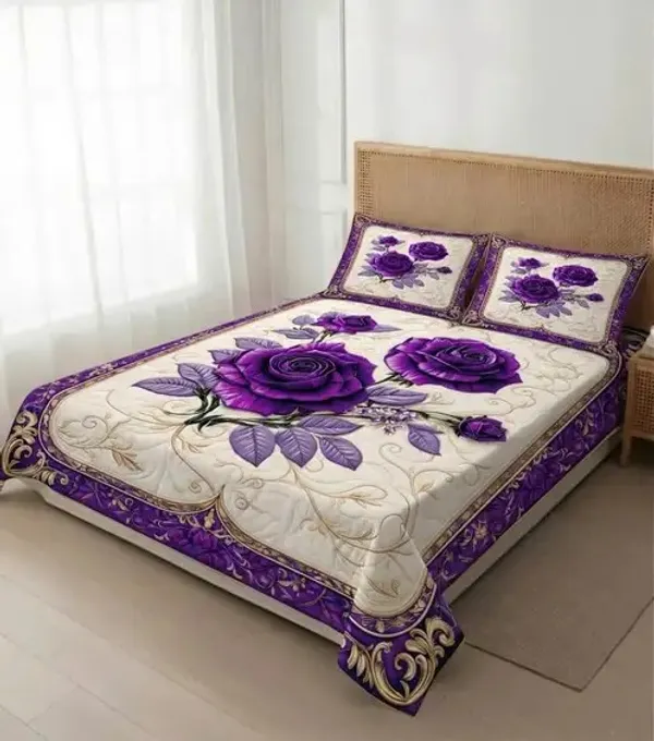 7D_Digital_Cream_Purple_Rose_Queen_size_Bedsheet_(Buy_1_Get_1)
