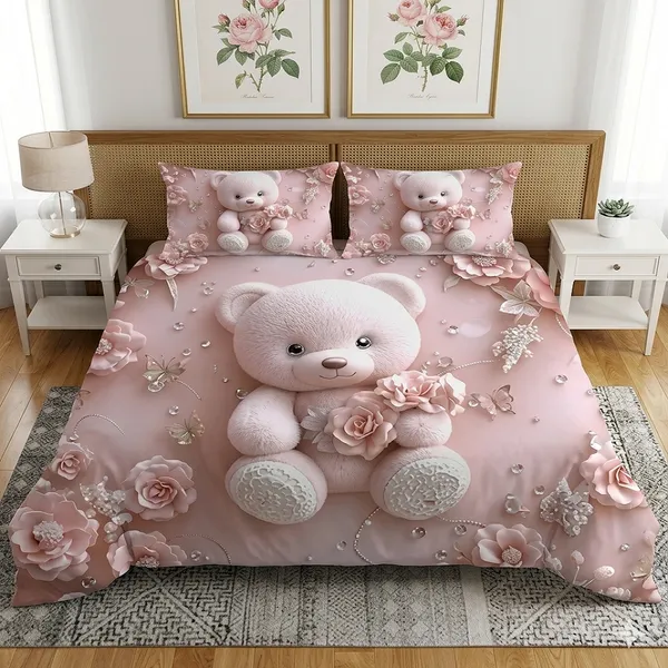 7D_Digital_Pink_Teddy_Bear_Queen_size_Bedsheet_(Buy_1_Get_1)