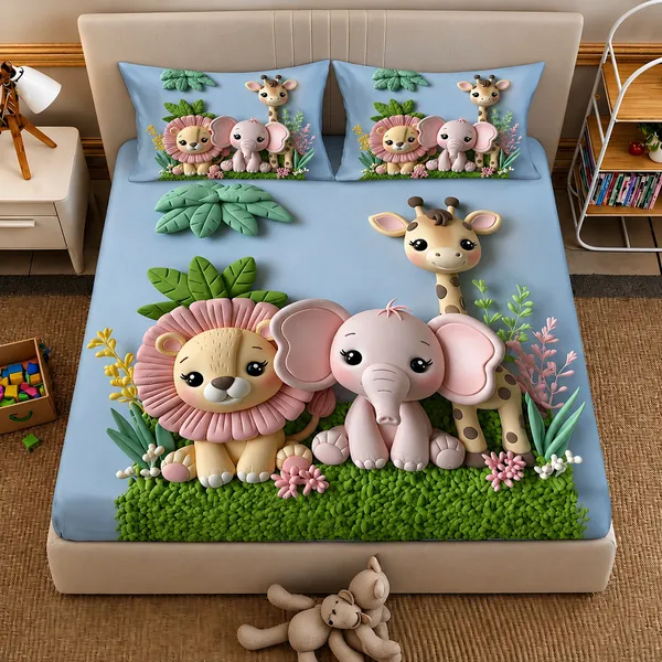 7D_Digital_Cute_Jungle_Safari_Queen_size_Bedsheet_(Buy_1_Get_1)