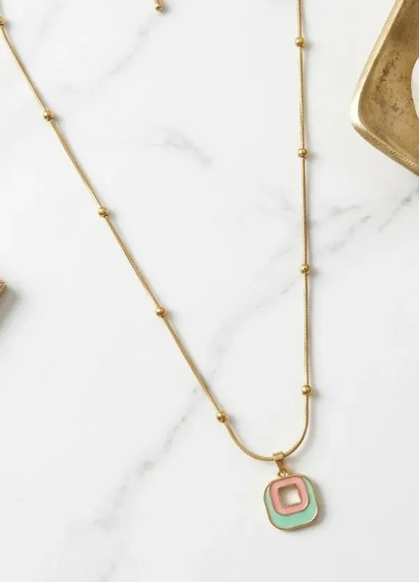 Gold_Plated_Geometric_Pendant_Necklace_With_Green_And_Pink_Enamel
