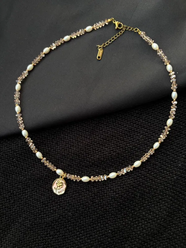 White_Freshwater_Pearl_Crystal_Beaded_Gold_Tone_Pendant_Necklace_For_Women