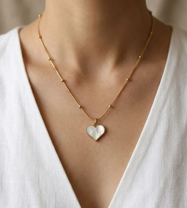 Gold_Plated_White_Heart_Pendant_Necklace_With_Beaded_Chain