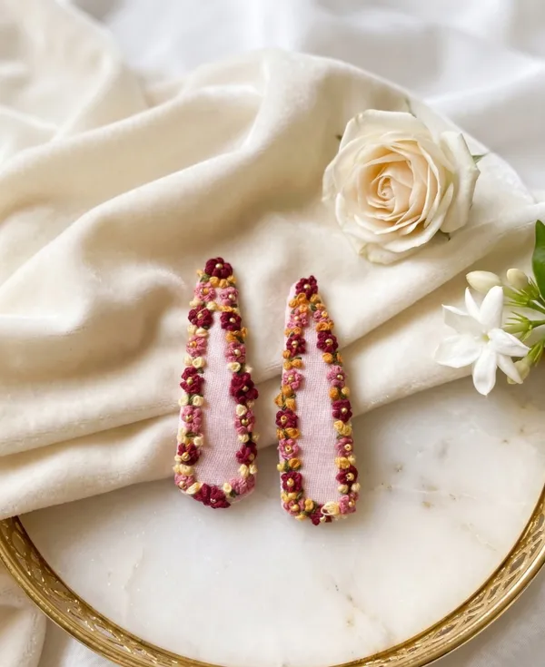 Pink_Embroidered_Floral_Fabric_Hair_Clips_For_Girls