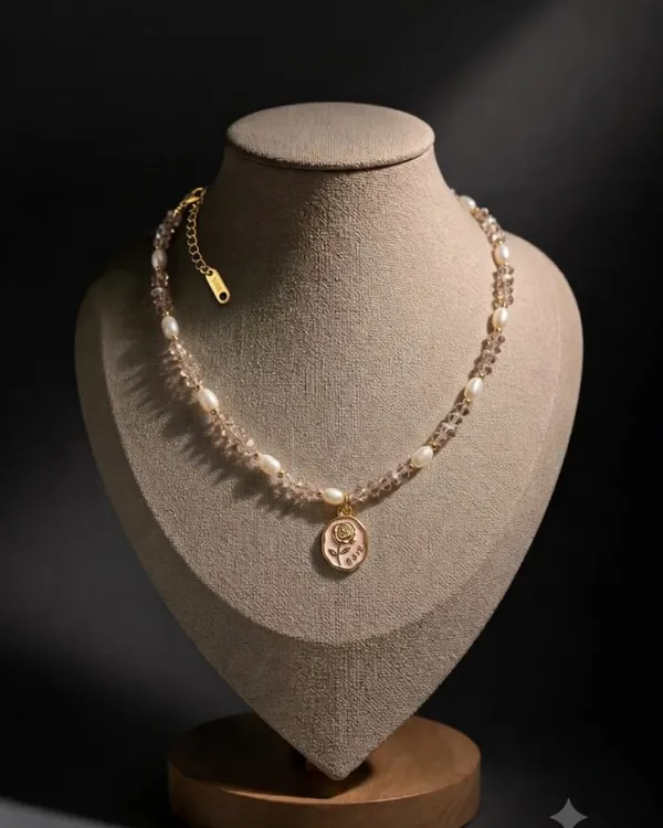 White_Freshwater_Pearl_Crystal_Beaded_Gold_Tone_Pendant_Necklace_For_Women