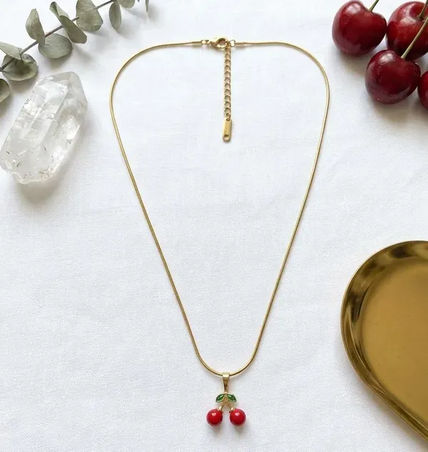 Gold_And_Red_Alloy_Metal_Enamel_Cherry_Charm_Pendant_Necklace_For_Women