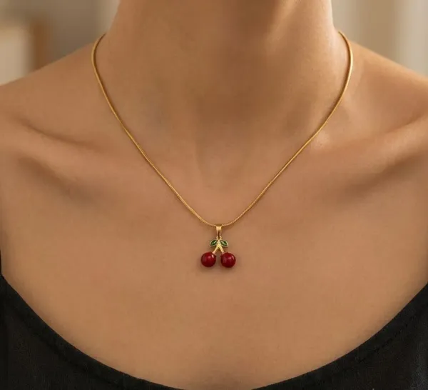 Gold_And_Red_Alloy_Metal_Enamel_Cherry_Charm_Pendant_Necklace_For_Women