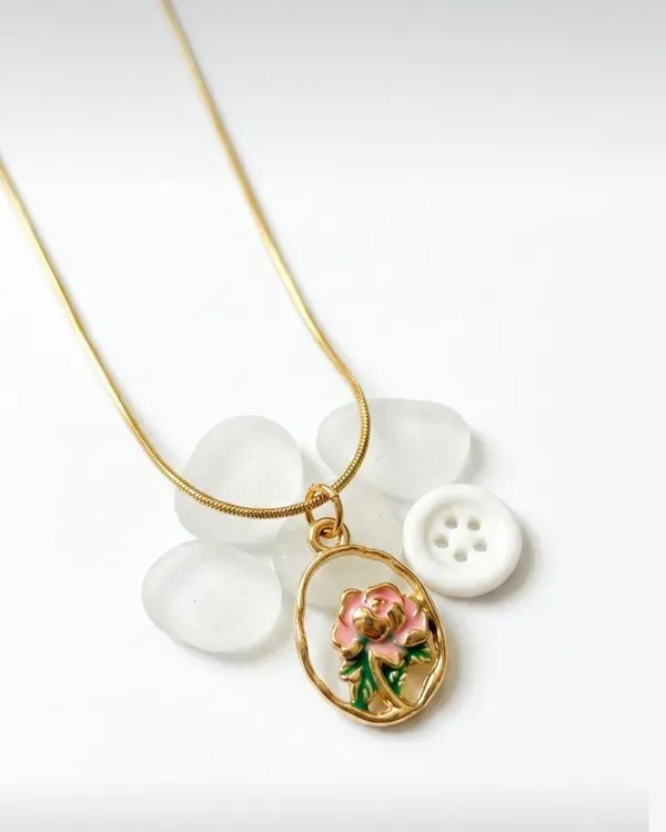 Gold_Plated_Pink_Rose_Enamel_Pendant_Necklace