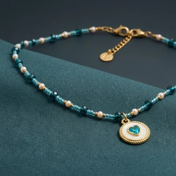 Teal_Beaded_Necklace_With_Gold_Pendant_For_Women