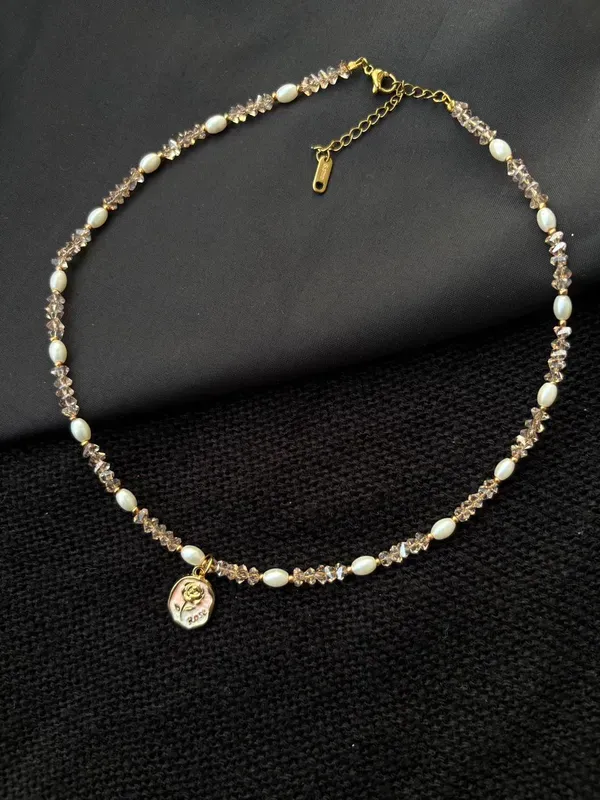 White_Freshwater_Pearl_Crystal_Beaded_Gold_Tone_Pendant_Necklace_For_Women