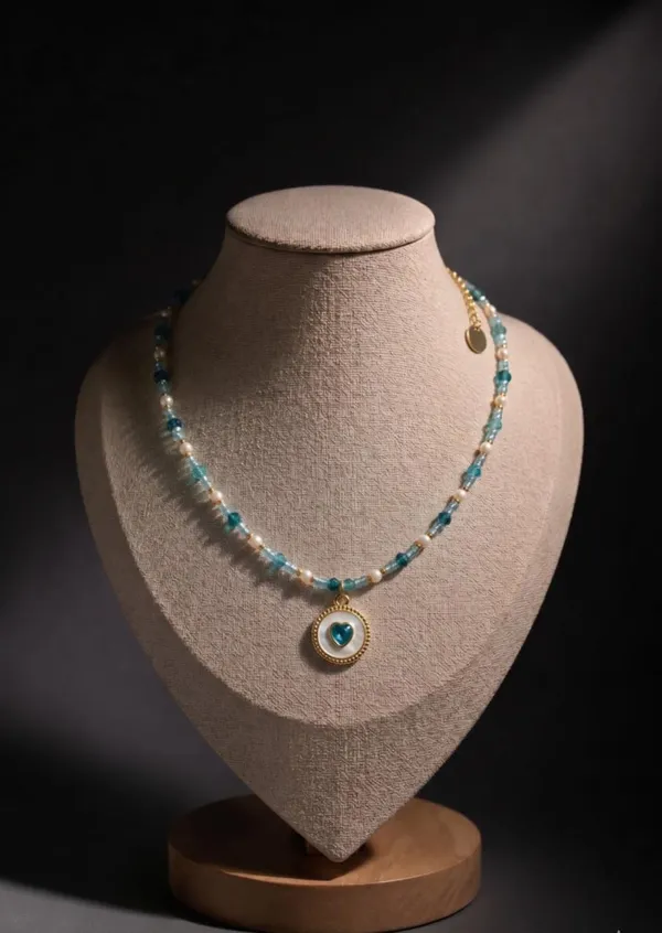 Teal_Beaded_Necklace_With_Gold_Pendant_For_Women