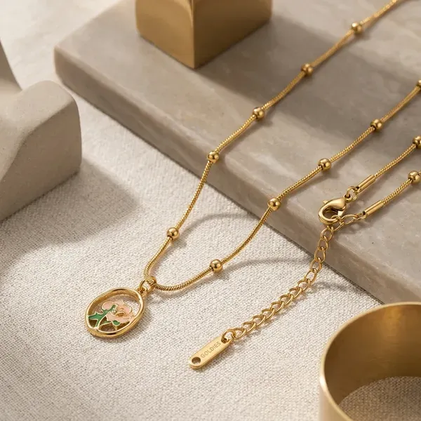 Gold_Alloy_Metal_Enamel_Floral_Oval_Pendant_Satellite_Chain_Necklace