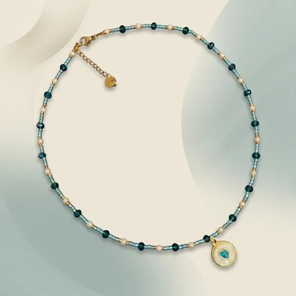 Teal_Beaded_Necklace_With_Gold_Pendant_For_Women