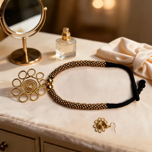 Golden_Black_Brass_Handmade_Spiral_Floral_Necklace_Set_For_Women