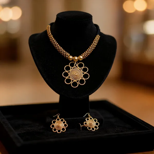 Golden_Black_Brass_Handmade_Spiral_Floral_Necklace_Set_For_Women