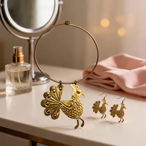 Golden_Brass_Handmade_Peacock_Hasli_Necklace_And_Earrings_Set_For_Women