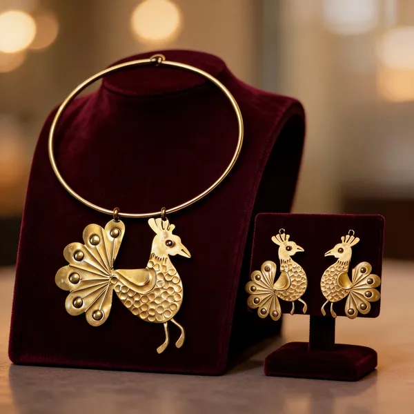 Golden_Brass_Handmade_Peacock_Hasli_Necklace_And_Earrings_Set_For_Women