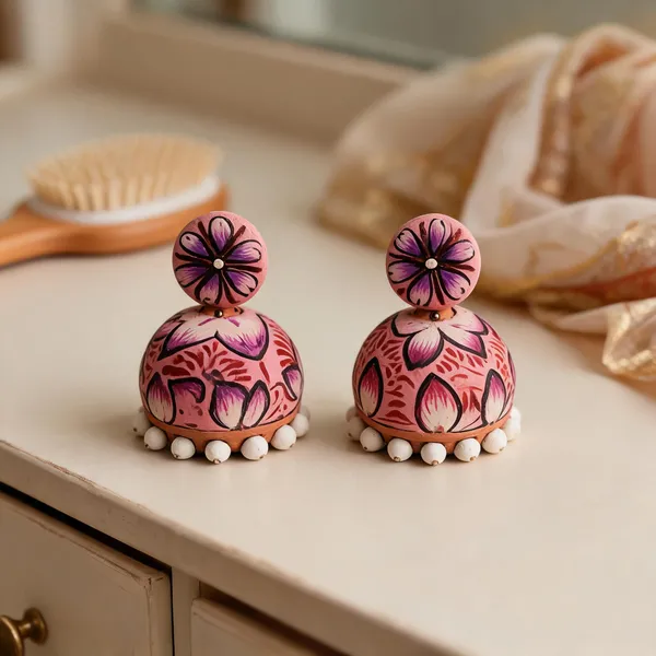 Pink_Terracotta_Handpainted_Floral_Jhumka_Earrings_For_Women