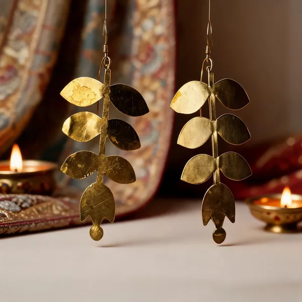 Golden_Brass_Dokra_Handmade_Leaf_Design_Drop_Earrings_For_Women
