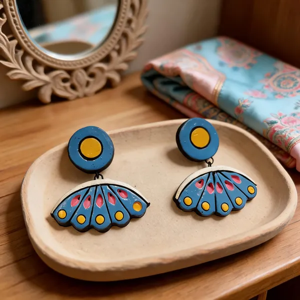 Blue_Terracotta_Handpainted_Fan_Drop_Earrings_For_Women