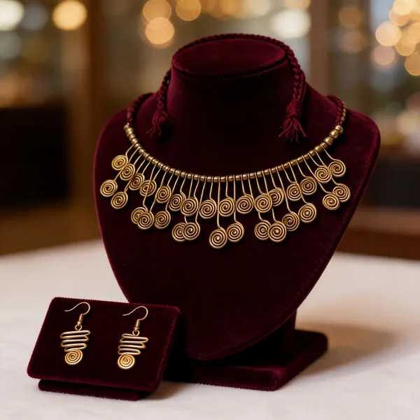 Golden_Red_Brass_Dokra_Spiral_Wire_Tribal_Necklace_Set_With_Earrings_For_Women