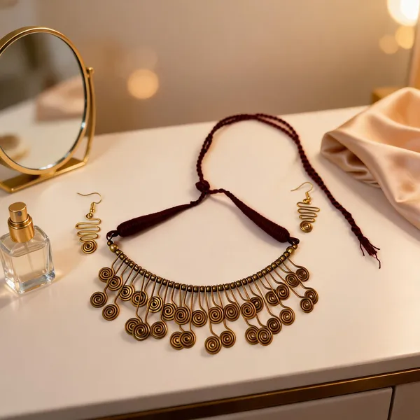 Golden_Red_Brass_Dokra_Spiral_Wire_Tribal_Necklace_Set_With_Earrings_For_Women