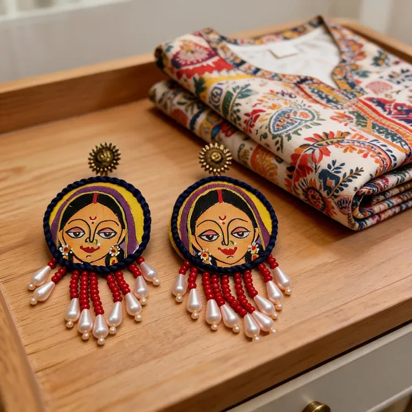 Multicolour_Fabric_Handpainted_Gond_Face_Motif_Dangle_Earrings_For_Women