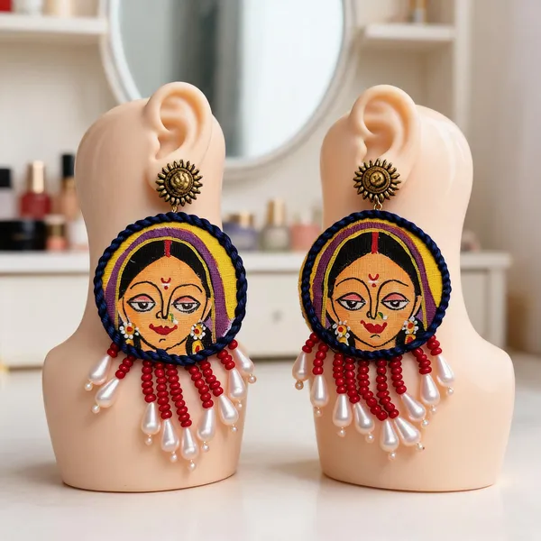 Multicolour_Fabric_Handpainted_Gond_Face_Motif_Dangle_Earrings_For_Women