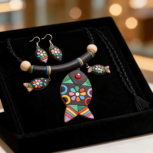 Multicolour_Terracotta_Handpainted_Fish_Pendant_Necklace_Set_With_Earrings_For_Women