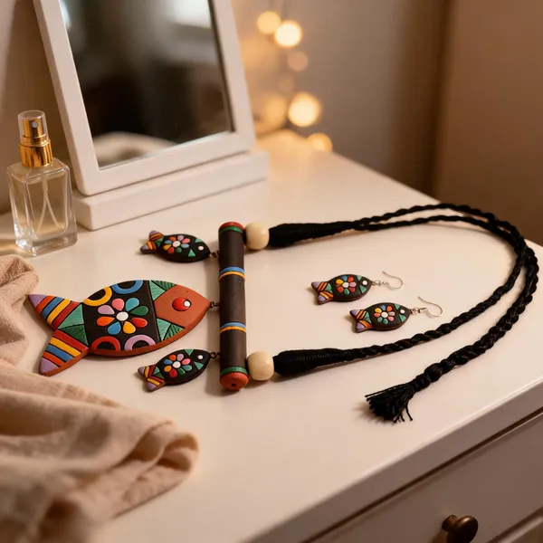 Multicolour_Terracotta_Handpainted_Fish_Pendant_Necklace_Set_With_Earrings_For_Women