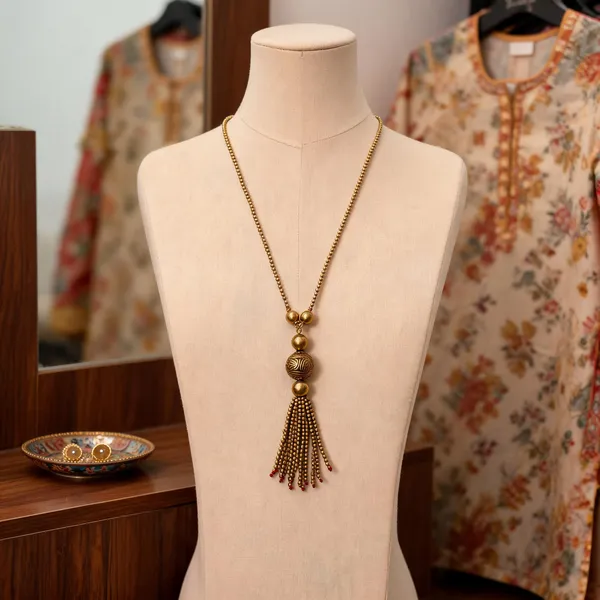 Golden_Brass_Dokra_Beaded_Tassel_Long_Chain_Necklace_For_Women