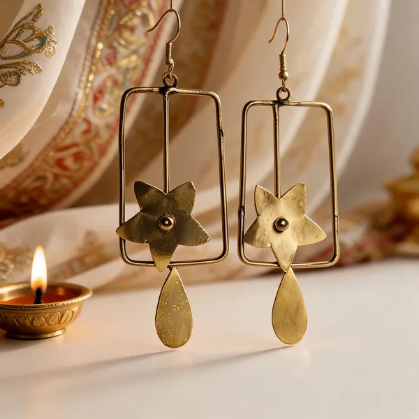 Golden_Brass_Dokra_Handmade_Floral_Rectangular_Drop_Earrings_For_Women
