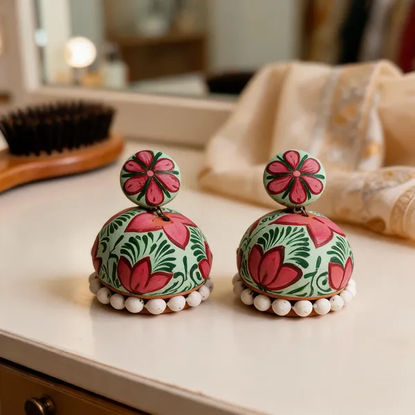 Mint_Green_Terracotta_Handpainted_Floral_Jhumka_Earrings_For_Women