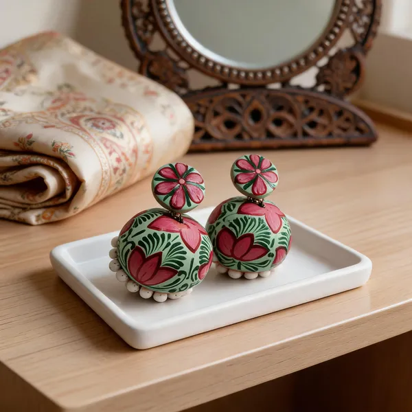 Mint_Green_Terracotta_Handpainted_Floral_Jhumka_Earrings_For_Women