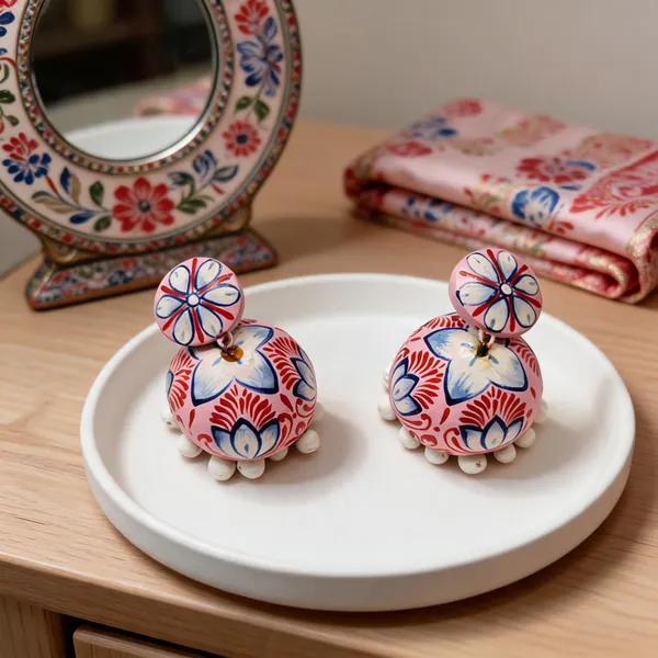 Pink_Terracotta_Handpainted_Floral_Jhumka_Earrings_For_Women