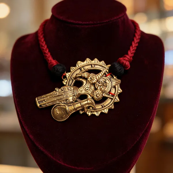 Golden_Brass_Dokra_Handmade_Saraswati_Pendant_Necklace_For_Women
